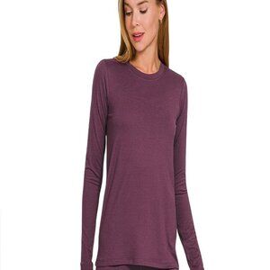 Zenana Brushed Soft Microfiber round neck long sleeve top Eggplant S-XL